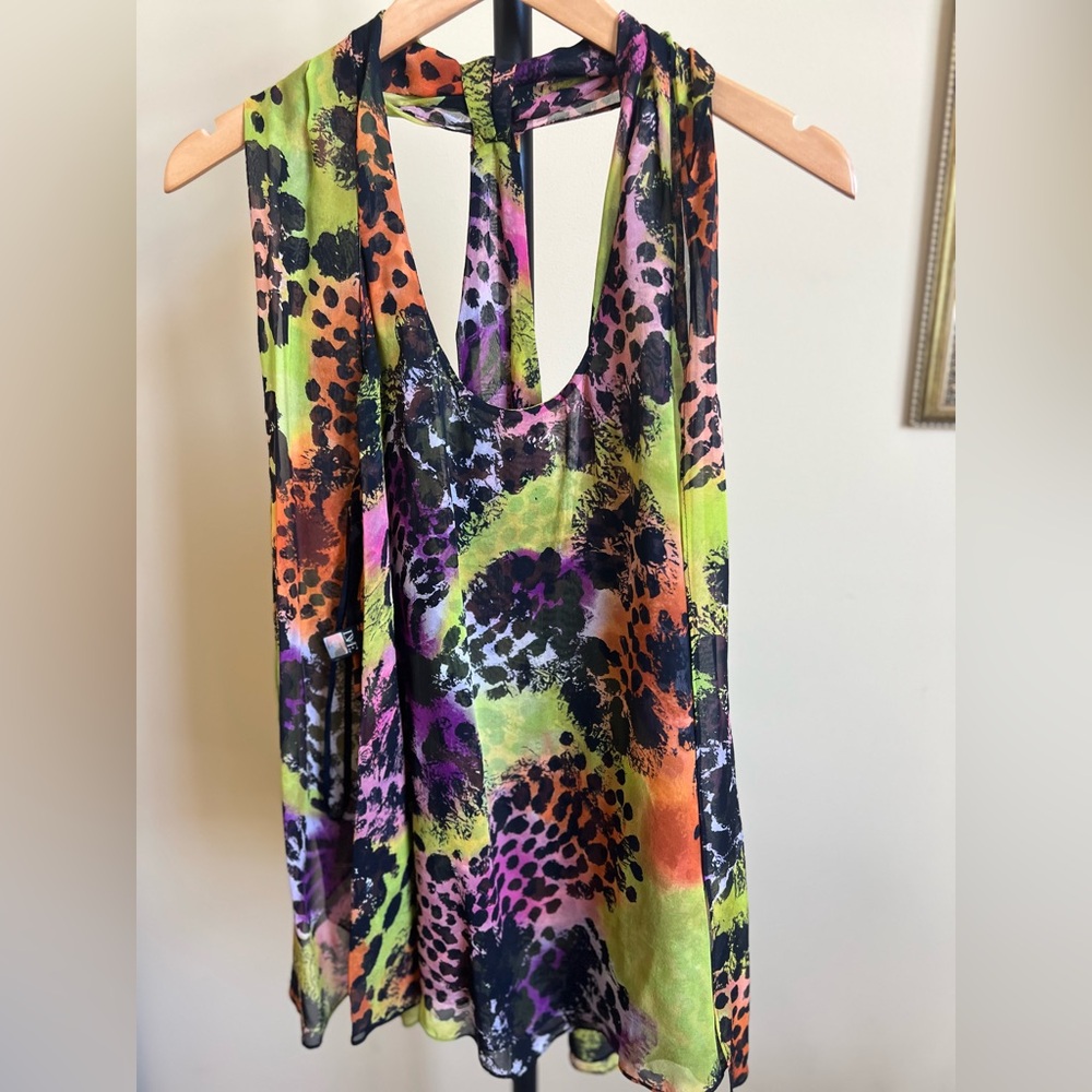 Diane Von Furstenberg Blouse with Scarf Silk Sleeveless Print Multicolor Size 10 - Picture 13 of 15